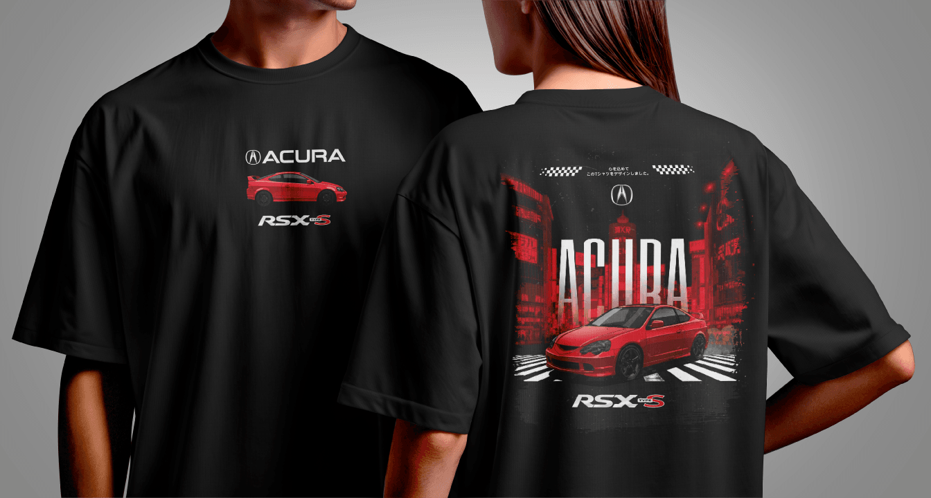 T-shirt mockup with automotive graphic and technical linework