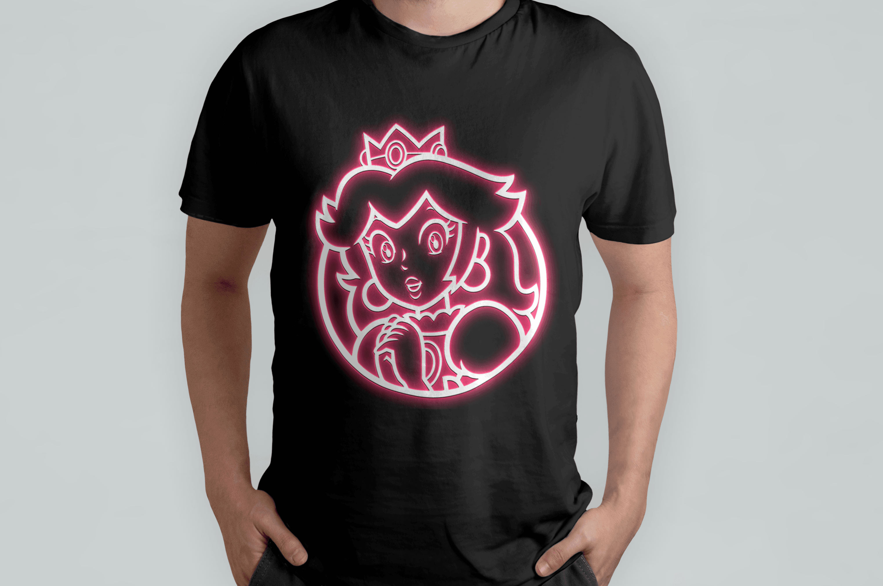 T-shirt mockup with illustrated character graphic on white tee