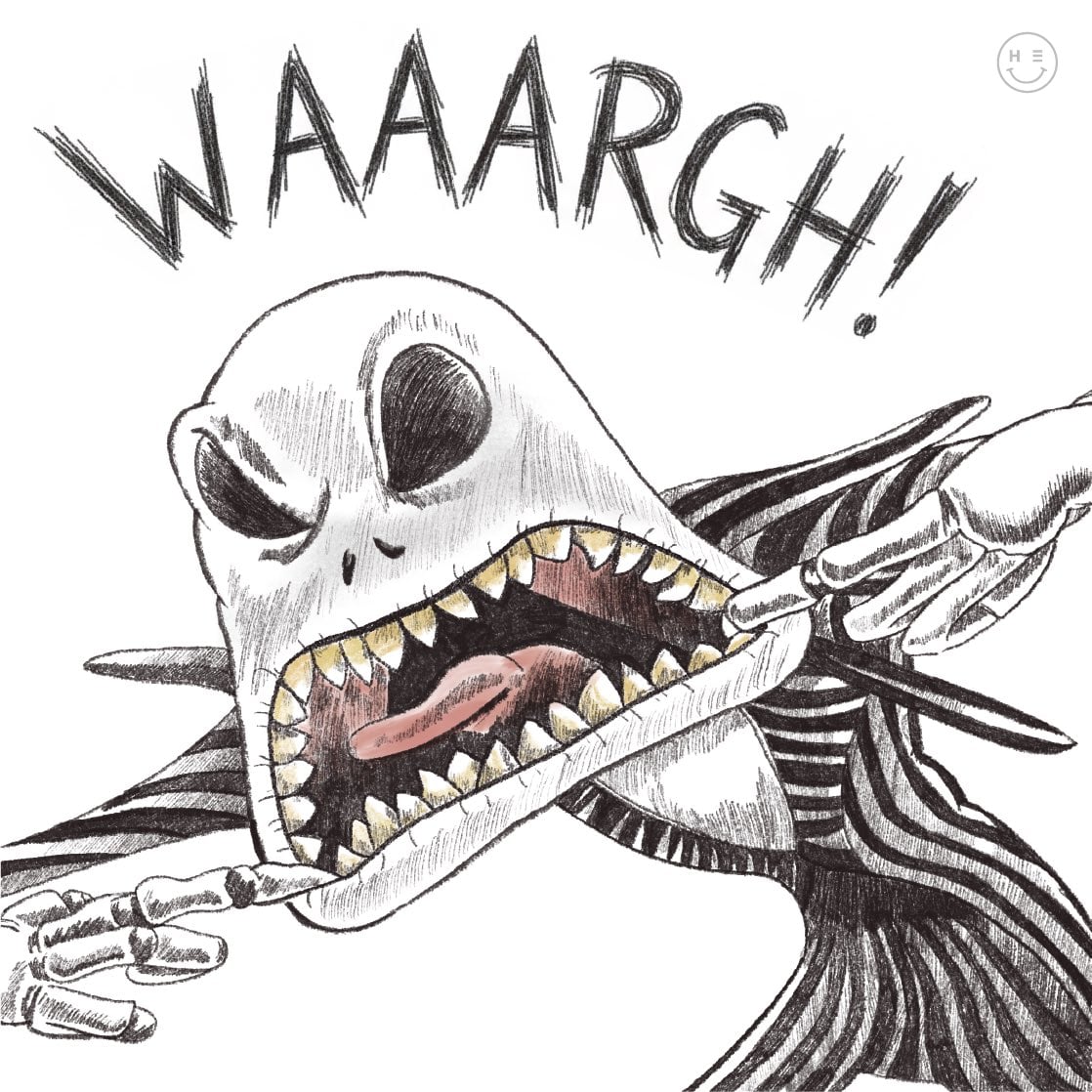 WAAARGH — expressive skull ink sketch with gestural brushwork and bold lettering