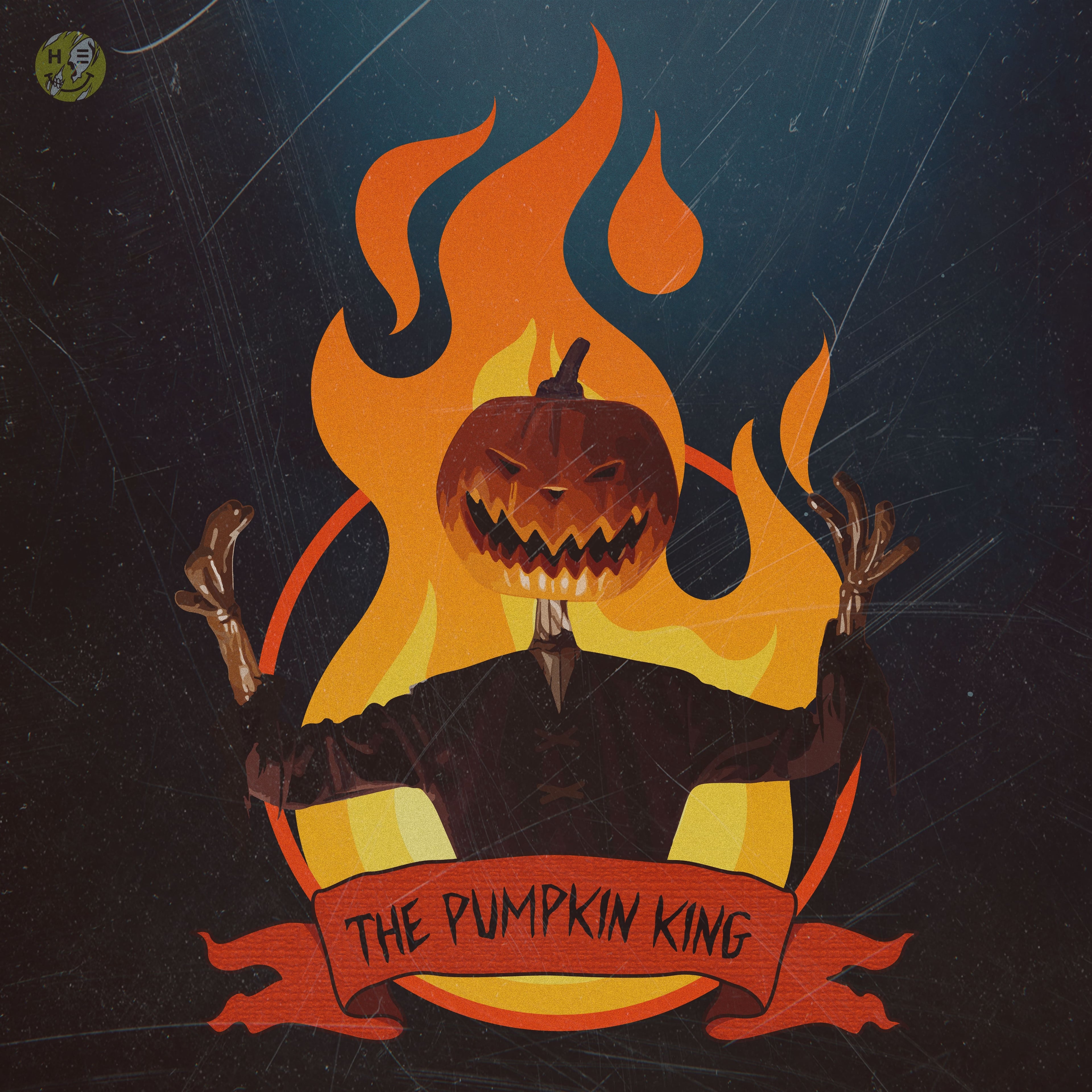 Pumpkin King — dark badge illustration with skull crown and ornate decorative linework