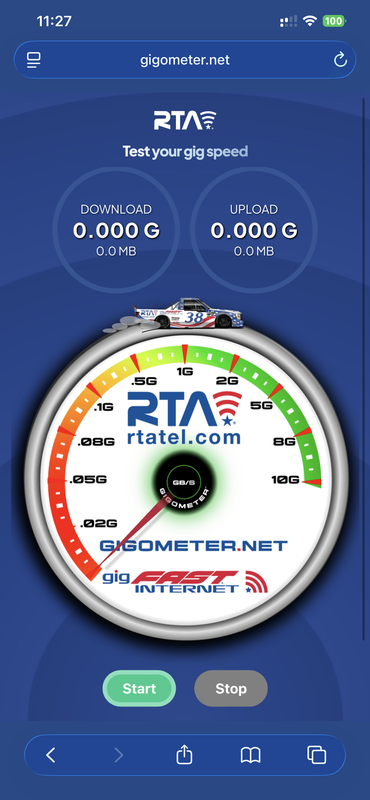 Gigometer.net speed test web application running in a mobile browser — branded internet speed dial UI with RTA and gigFAST logos, and the #38 NASCAR truck as a UI element